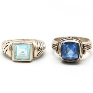 Pair of sterling silver synthetic blue spinel and blue glass rings